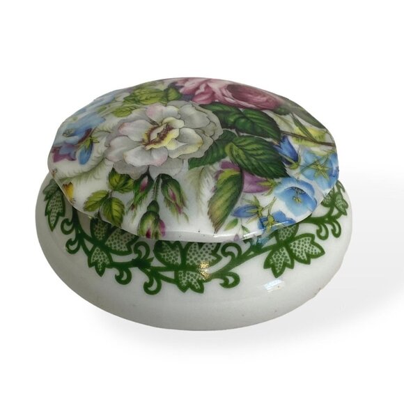 Cottage Floral Box Vintage Crownford Bone China USA 2 1/2" dia Cabbage Rose - Picture 2 of 10